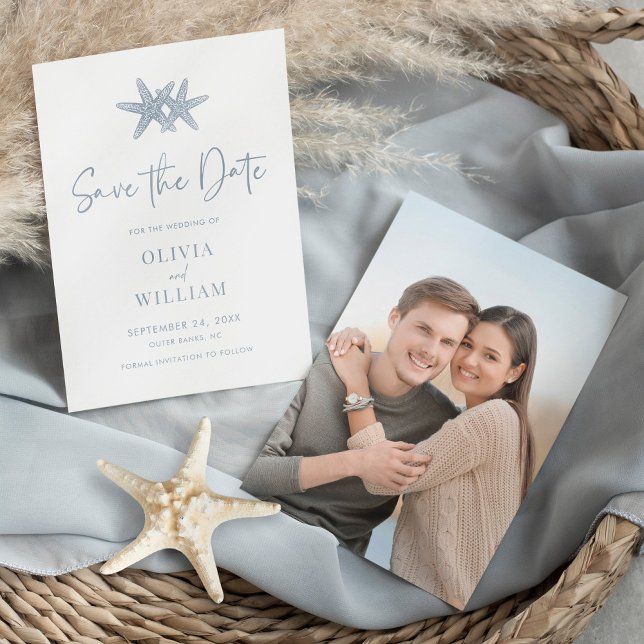 Modern Starfish Beach Dusty Blue Photo Wedding Save The Date (Creator Uploaded)