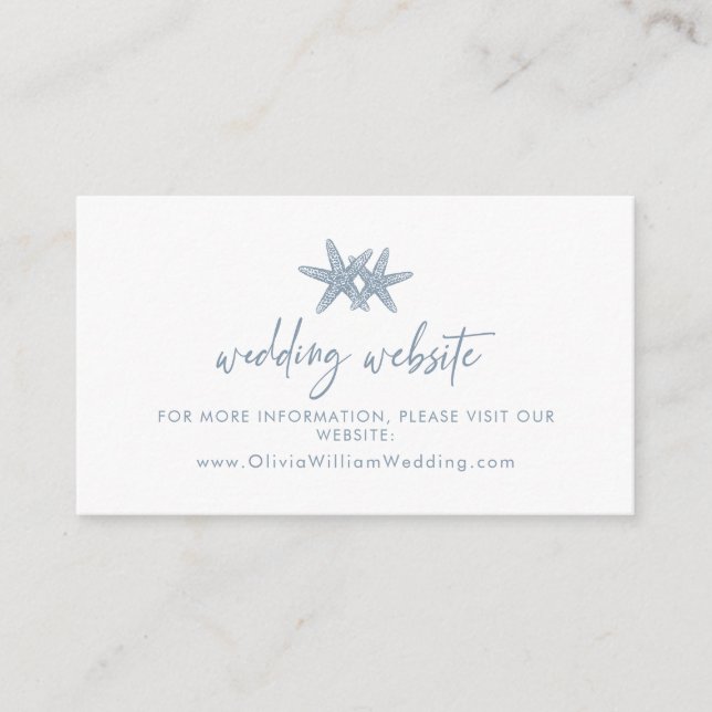 Modern Starfish Beach Dusty Blue Wedding Website Enclosure Card (Front)
