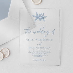Modern Starfish Beach Script Dusty Blue Wedding Acrylic Invitations