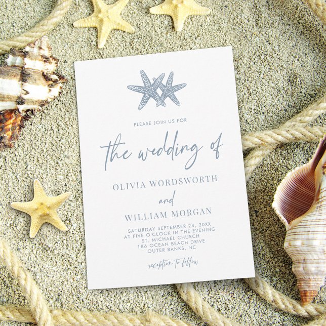 Modern Starfish Beach Script Dusty Blue Wedding Invitation (Creator Uploaded)