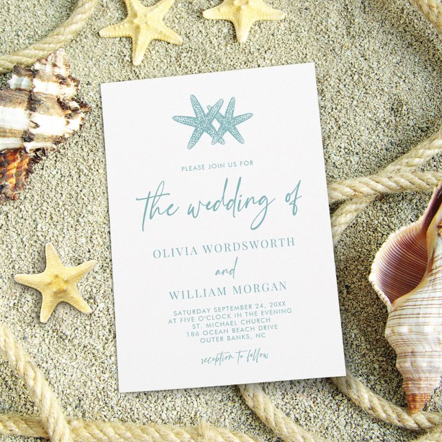 Modern Starfish Beach Sea Glass Blue Wedding Invitation (Creator Uploaded)
