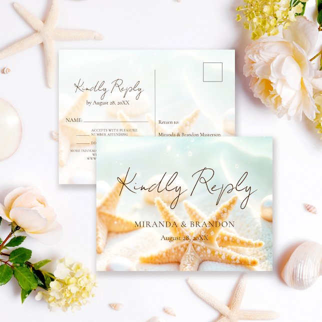Modern Starfish Shells Ocean Beach Wedding RSVP Announcement Postcard (Creator Uploaded)