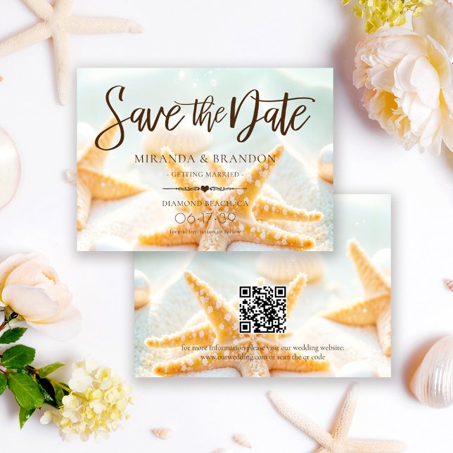 Modern Starfish Shells QR Code Beach Wedding Save The Date (Creator Uploaded)