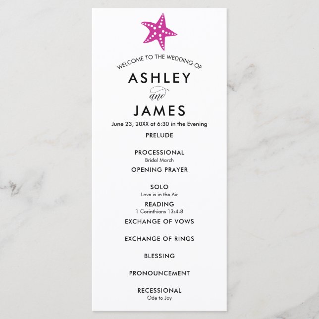Modern Starfish Wedding Ceremony Program, Fuchsia Program (Front)
