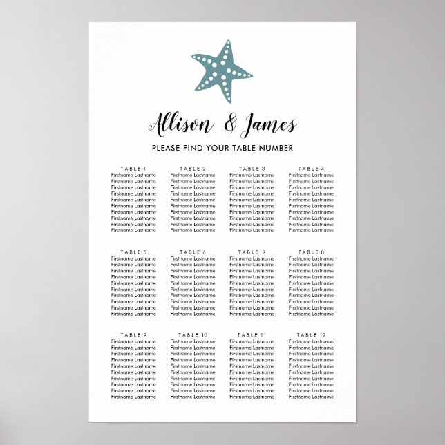 Modern Starfish Wedding Seating Chart, Blue Grey Poster (Front)