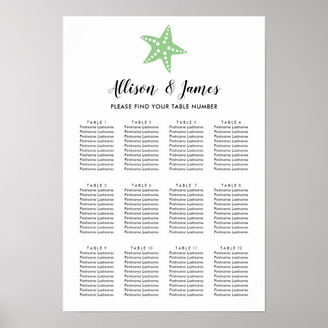 Modern Starfish Wedding Seating Chart Sign, Green (Front)