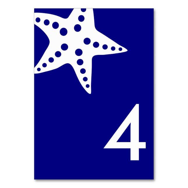Modern Starfish Wedding Table Number Card, Navy (Front)
