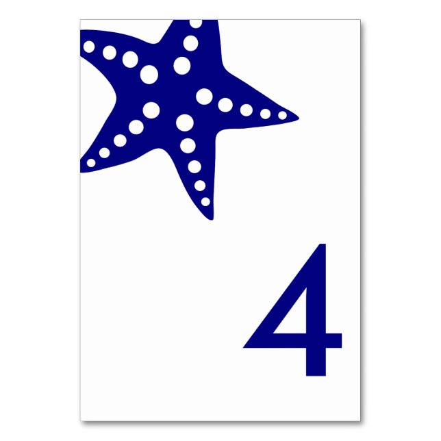 Modern Starfish Wedding Table Number Card, Navy (Front)