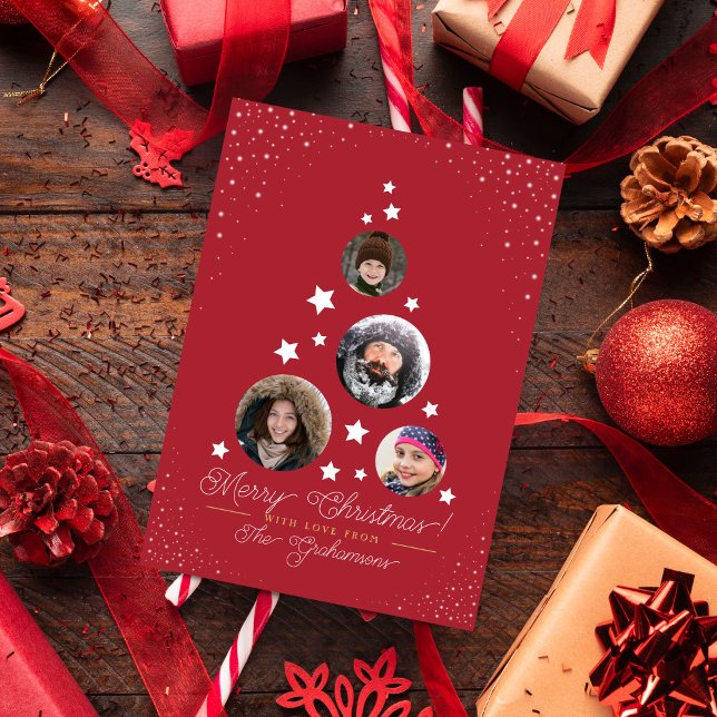Modern Starry Christmas Tree & 4 Family Photos Holiday Postcard (Creator Uploaded)