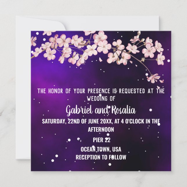 Modern Starry Night Sky & Cherry Blossom Wedding Invitation (Front)