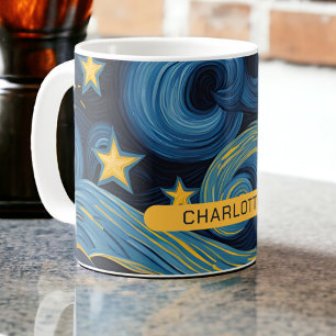 Modern Starry Night Sunflower Personalised Name Coffee Mug