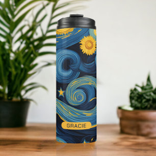 Modern Starry Night Sunflower Personalised Name Thermal Tumbler
