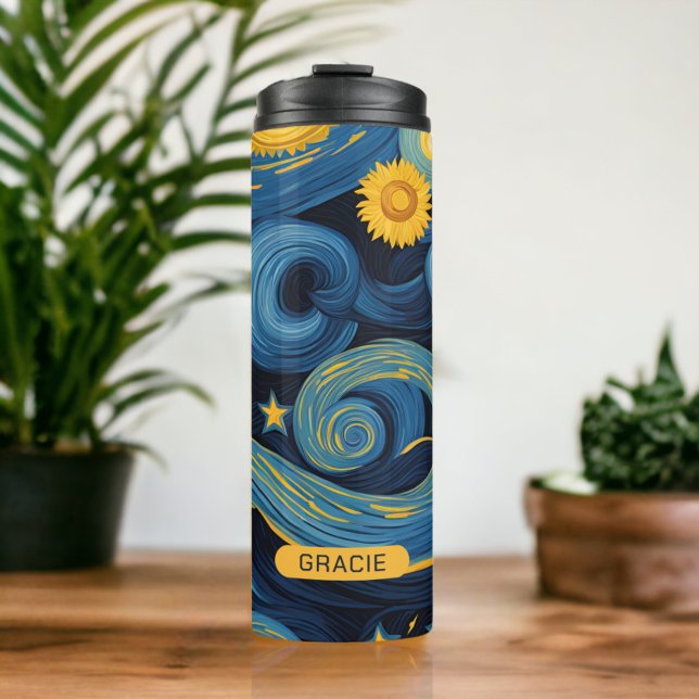 Modern Starry Night Sunflower Personalised Name Thermal Tumbler (Modern Starry Night Sunflower Personalized Name Thermal Tumbler from Ricaso. Customize with own text)