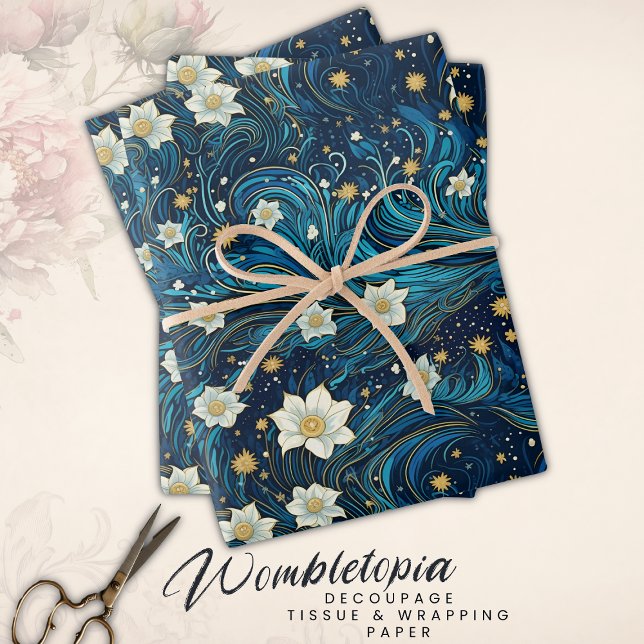 Modern Starry Night & White Lily Floral  Wrapping Paper Sheet (Creator Uploaded)