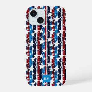 Modern Stars and Stripes Monogram USA iPhone 15 Case