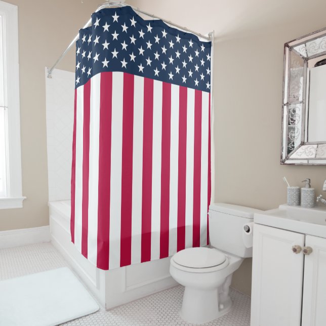 Modern Stars and Stripes US Flag Shower Curtain (In Situ)