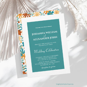 Modern Steel Blue Colourful Wildflower Boho Weddin Invitation