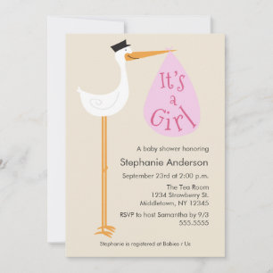 Modern Stork Baby Shower Invitation - Girl