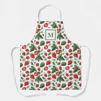 Modern Strawberry Blossom Pattern Monogram Apron