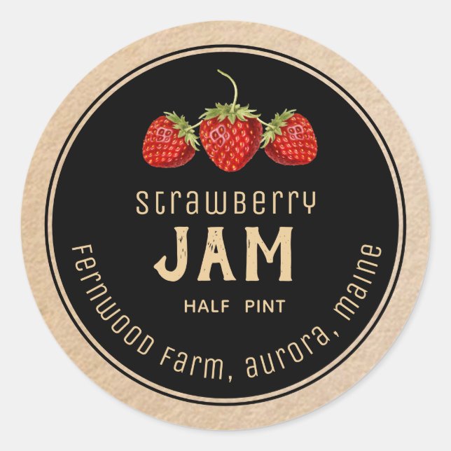 Modern Strawberry Jam Label Black on Kraft (Front)
