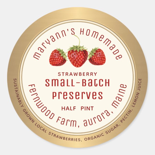 Modern Strawberry Preserves Label Metallic Gold (Front)