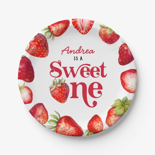 Modern Strawberry Sweet One First Birthday Girls Paper Plate (Front)