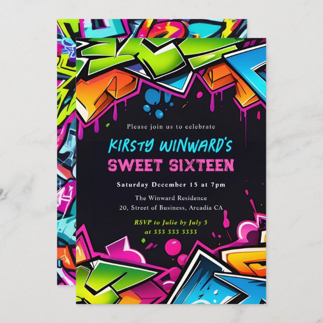 Modern Street Art Graffiti Sweet Sixteen Invitation (Front/Back)