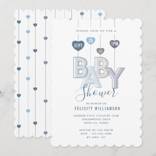 Modern String Blue Baby Letters Hearts Baby Shower Invitation