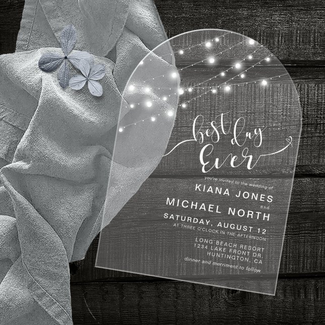 Modern String Lights Best Day Ever Silver ID585 Acrylic Invitations (Creator Uploaded)