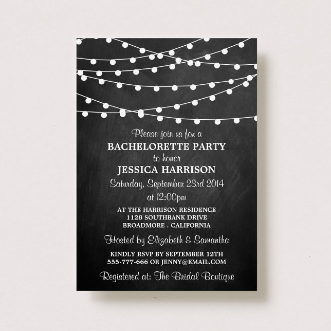 Modern String Lights Chalkboard Bachelorette Party Invitation (Creator Uploaded)