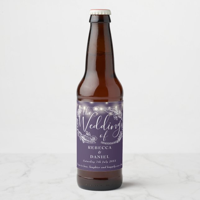 Modern String Lights Floral Purple Wedding Beer Bottle Label (Front)