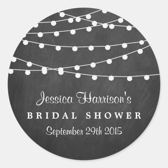 Modern String Lights On Chalkboard Bridal Shower Classic Round Sticker (Front)