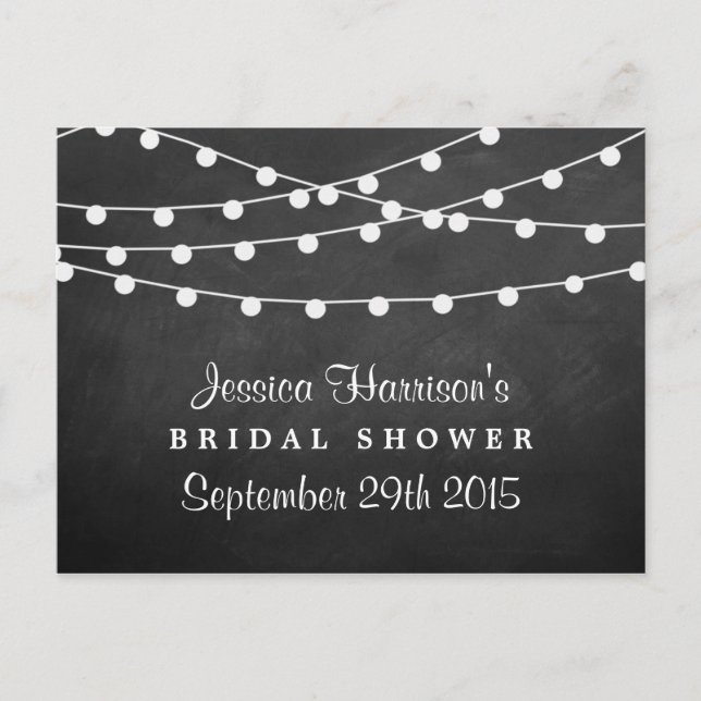Modern String Lights On Chalkboard Bridal Shower Invitation Postcard (Front)