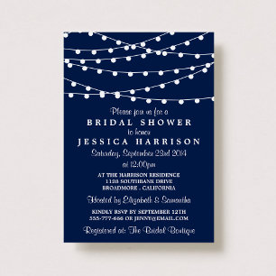 Modern String Lights On Navy Blue Bridal Shower Invitation