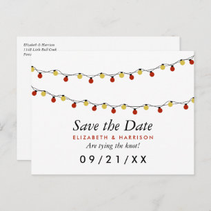 Modern String Lights, Red & Gold Save the Date Announcement Postcard