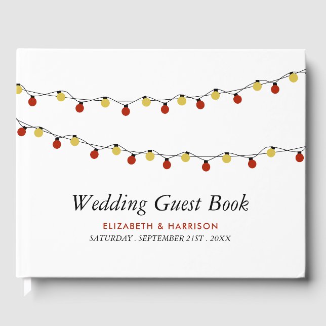 Modern String Lights, Red & Gold Wedding Guest Book (Front)