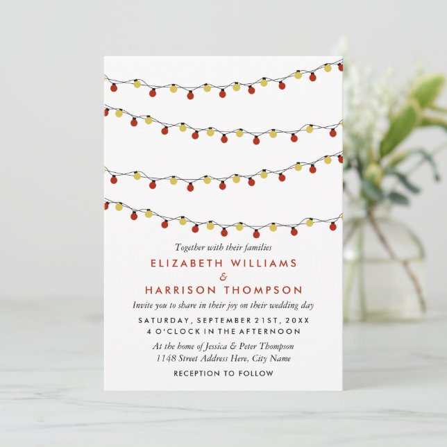 Modern String Lights, Red & Gold Wedding Invitation (Standing Front)