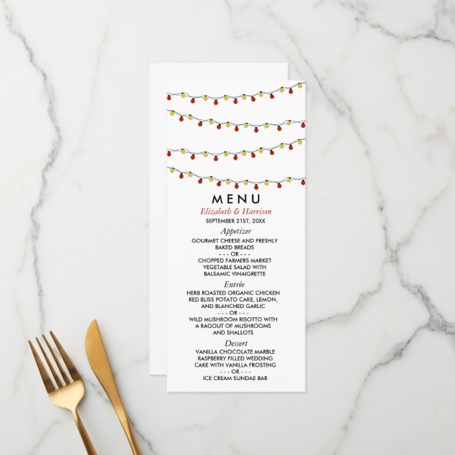 Modern String Lights, Red & Gold Wedding Menu (Front/Back In Situ)
