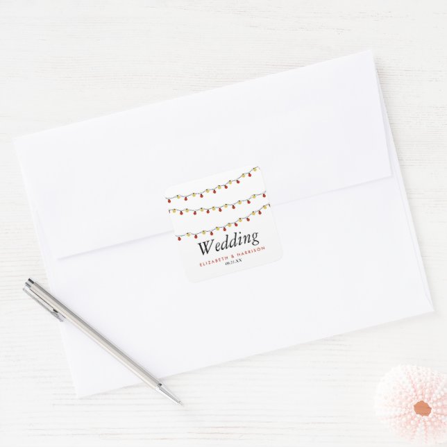 Modern String Lights, Red & Gold Wedding Square Sticker (Envelope)