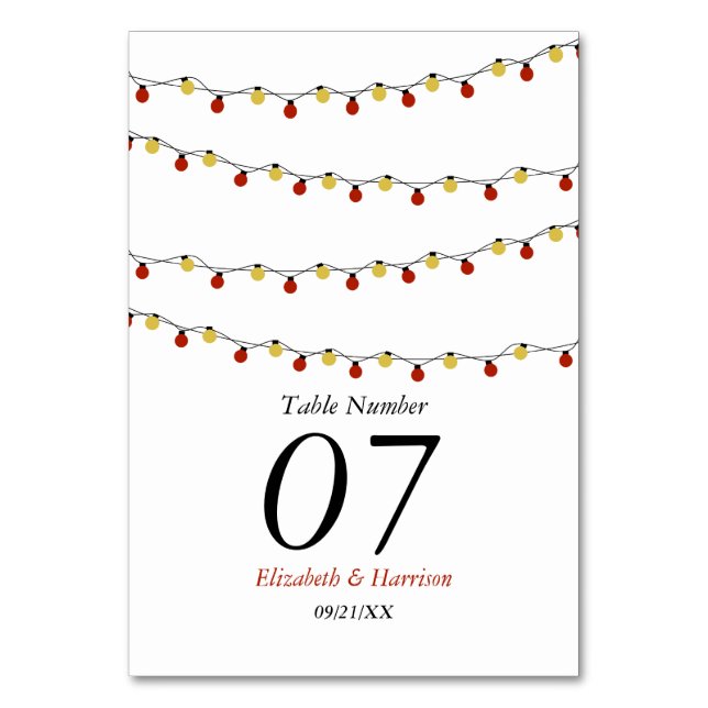 Modern String Lights, Red & Gold Wedding Table Number (Front)
