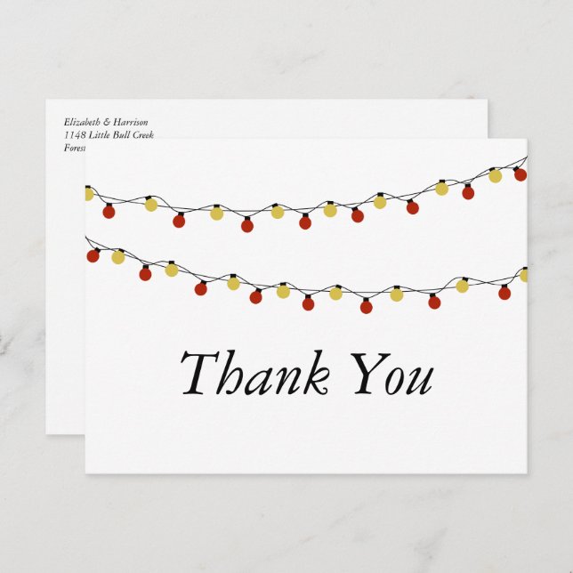 Modern String Lights, Red & Gold Wedding Thank You Postcard (Front/Back)