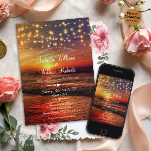 Modern String Lights Summer Sunset Beach Wedding Invitation