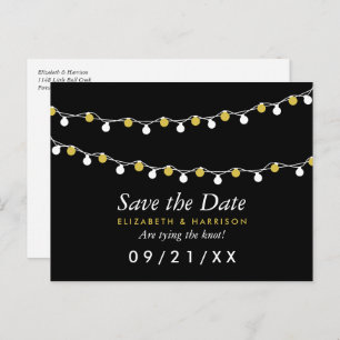 Modern String Lights, White & Gold Save the Date Announcement Postcard