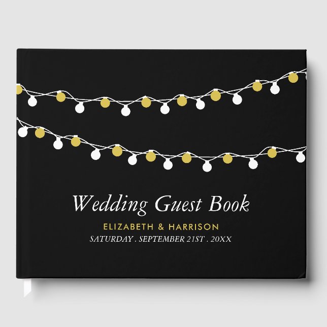 Modern String Lights, White & Gold Wedding Guest Book (Front)