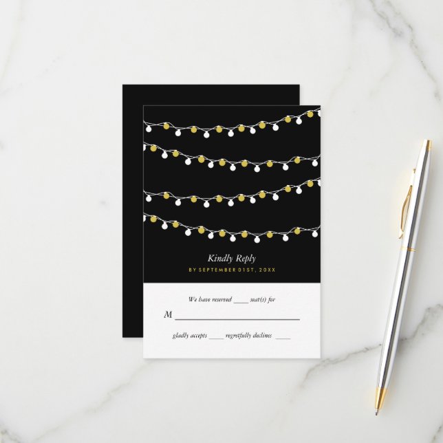 Modern String Lights, White & Gold Wedding RSVP Card (Front/Back In Situ)
