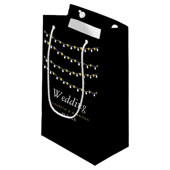 Modern String Lights, White & Gold Wedding Small Gift Bag (Front Angled)