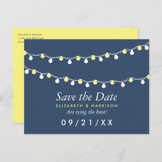 Modern String Lights, Yellow & White Save the Date Announcement Postcard (Front/Back)