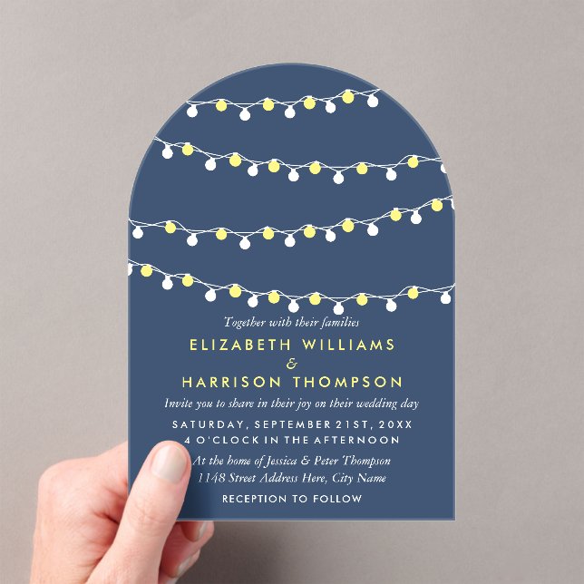 Modern String Lights, Yellow & White Wedding Acrylic Invitations (Insitu (Handheld))