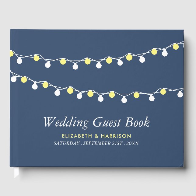 Modern String Lights, Yellow & White Wedding Guest Book (Front)