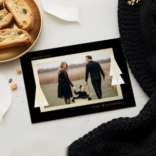 Modern Stripe Frame Evergreen Christmas Tree Photo Foil Holiday Card